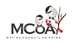 A logo for the mcoa with two birds on branches.